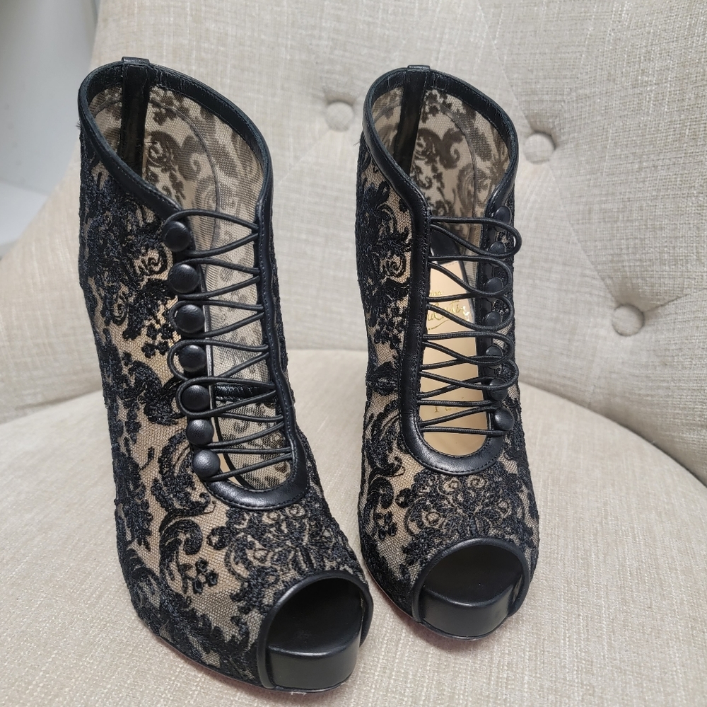 Womens, Christian Louboutin, black platform lace booties, size 36.5